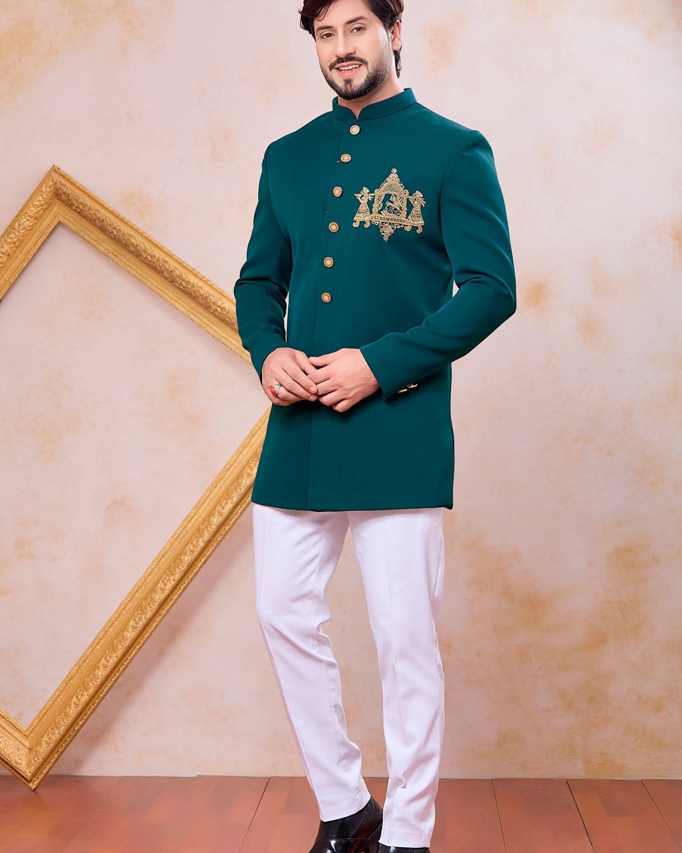 Make a powerful style statement with this Designer Teal Green Short Length Indo Western for Men D.No. 4589